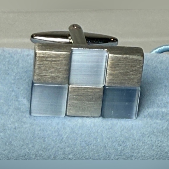Tattersall London Silver & Blue Checked Metal Mens Cuff Links with Box NIB Gift - Picture 3 of 4